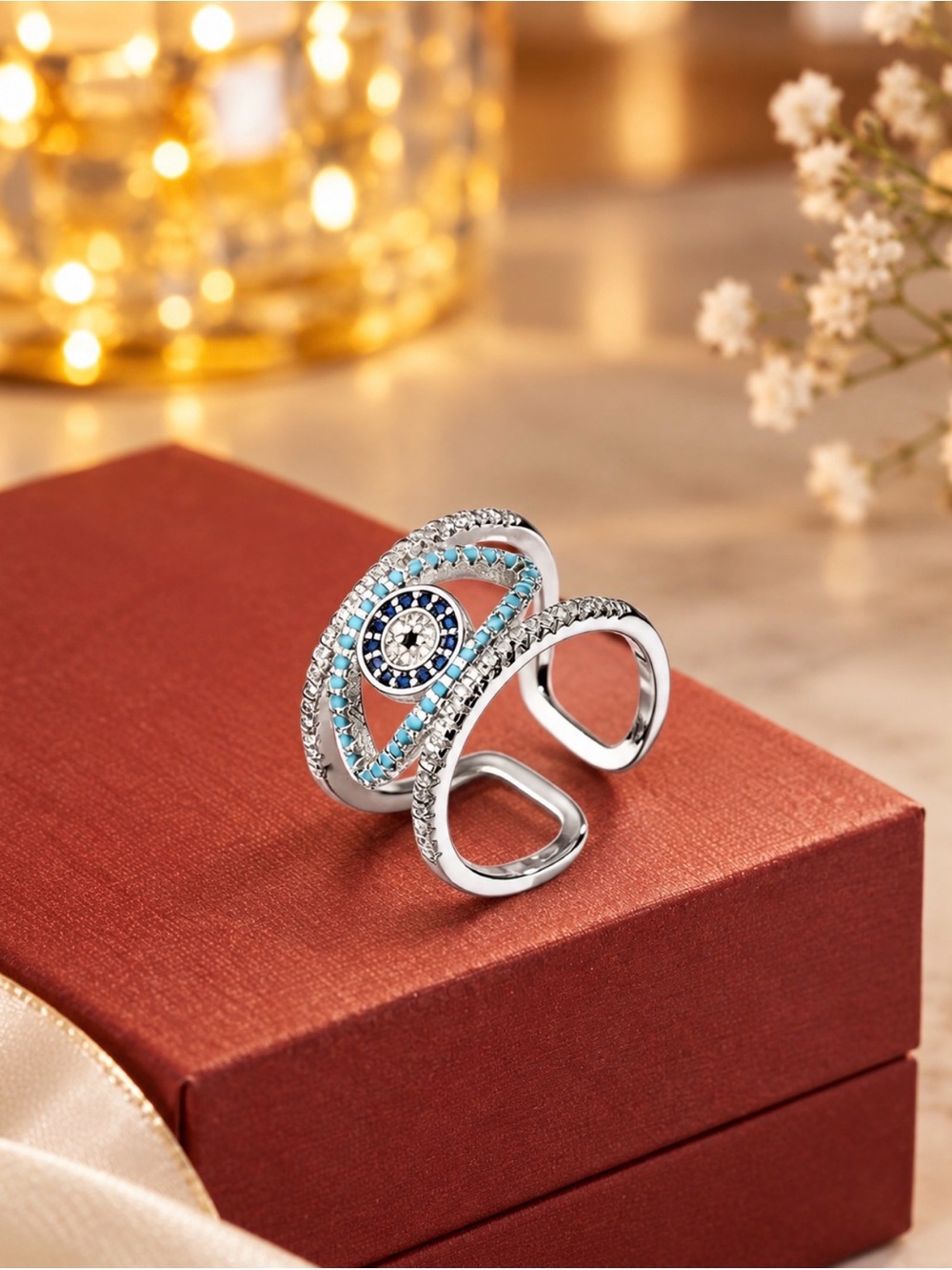 Silver Open Band Ring with Blue and Turquoise Accents